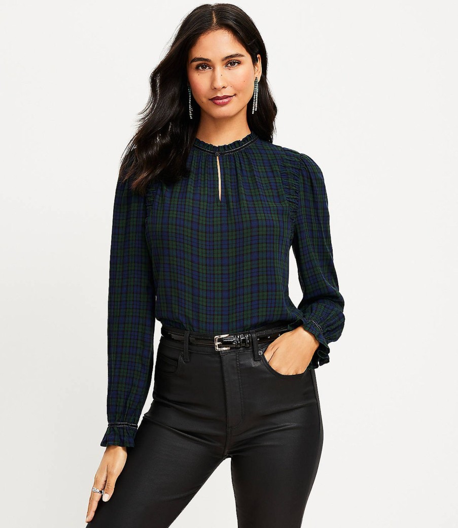 Clothing Loft | Plaid Ruched Ruffle Neck Blouse Sailor Navy