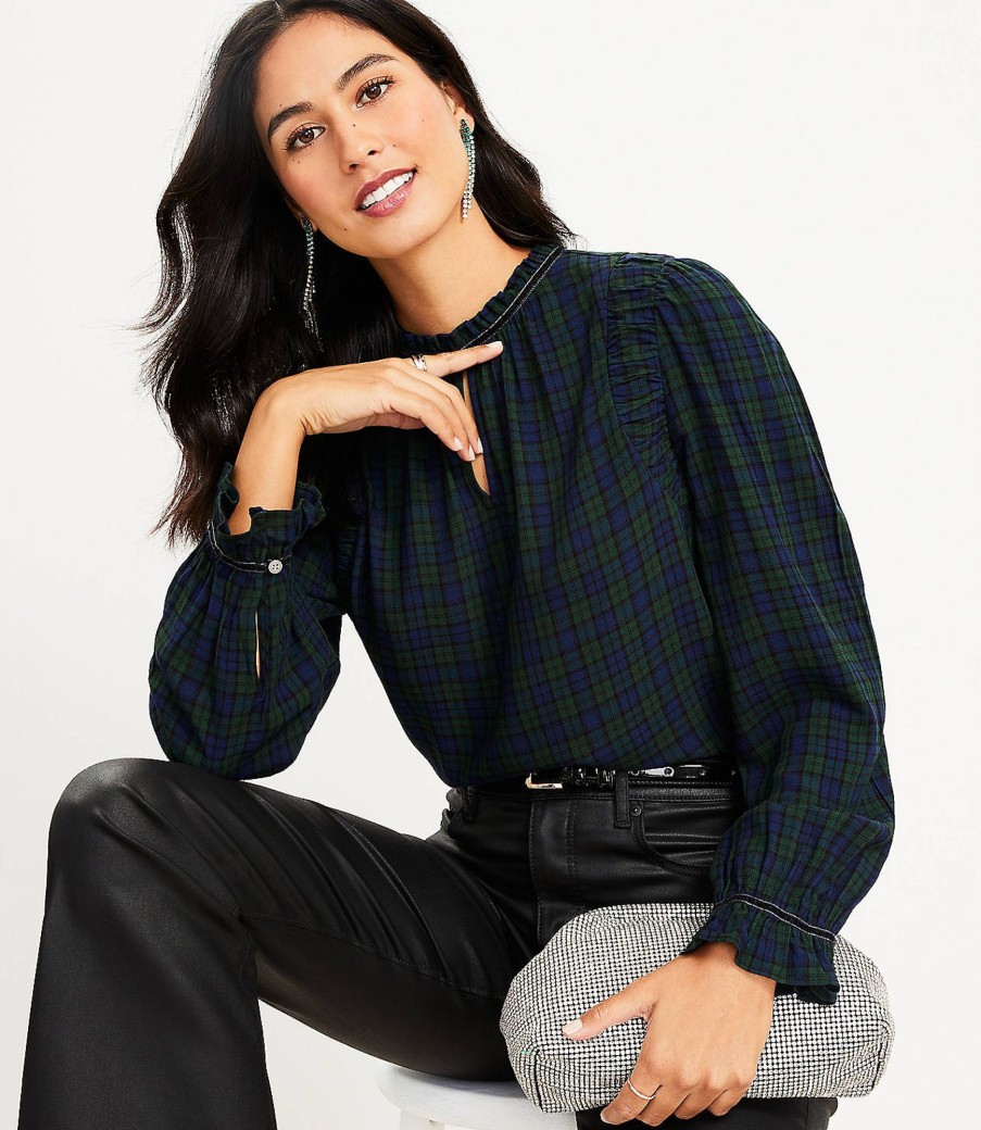 Clothing Loft | Plaid Ruched Ruffle Neck Blouse Sailor Navy