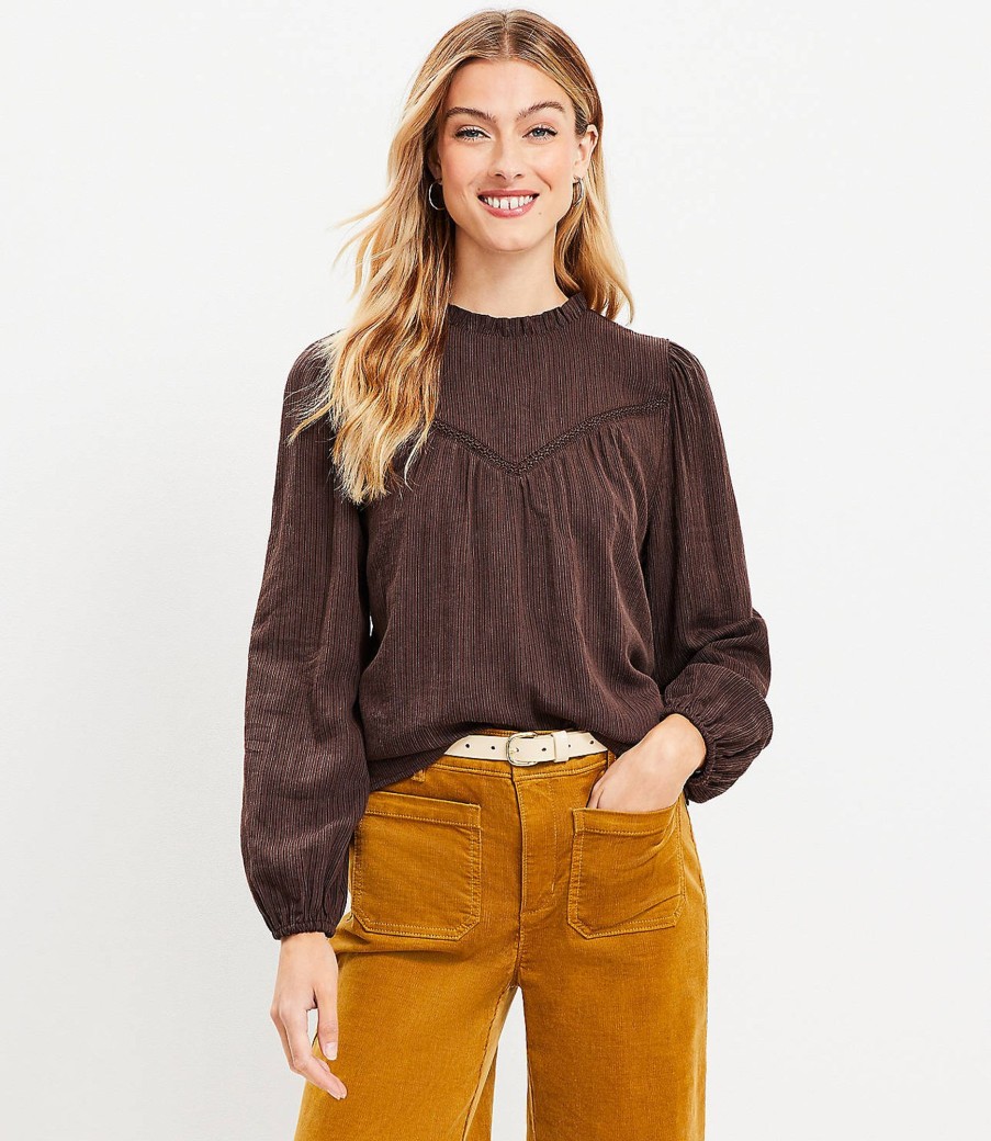 Clothing Loft | Textured Trimmed Ruffle Neck Blouse Iced Espresso