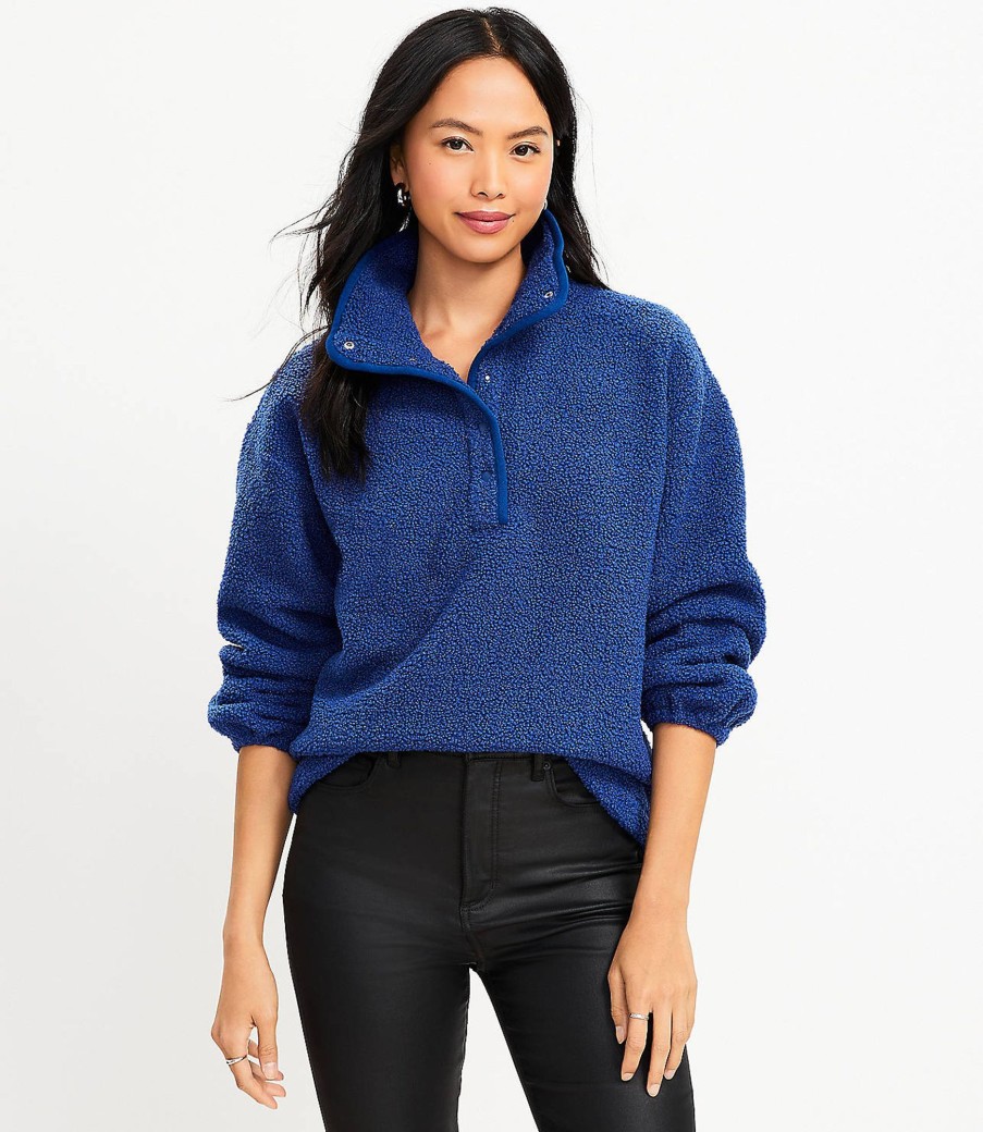 Clothing Loft | Cozy Sherpa Snap Collar Top Brushstroke Blue