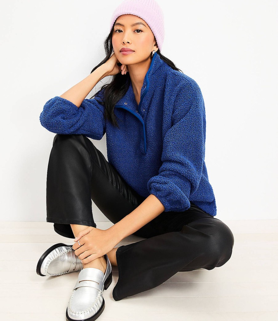 Clothing Loft | Cozy Sherpa Snap Collar Top Brushstroke Blue