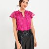 Clothing Loft | Metallic Clip Ruffle Tie Neck Blouse Fuchsia Primrose