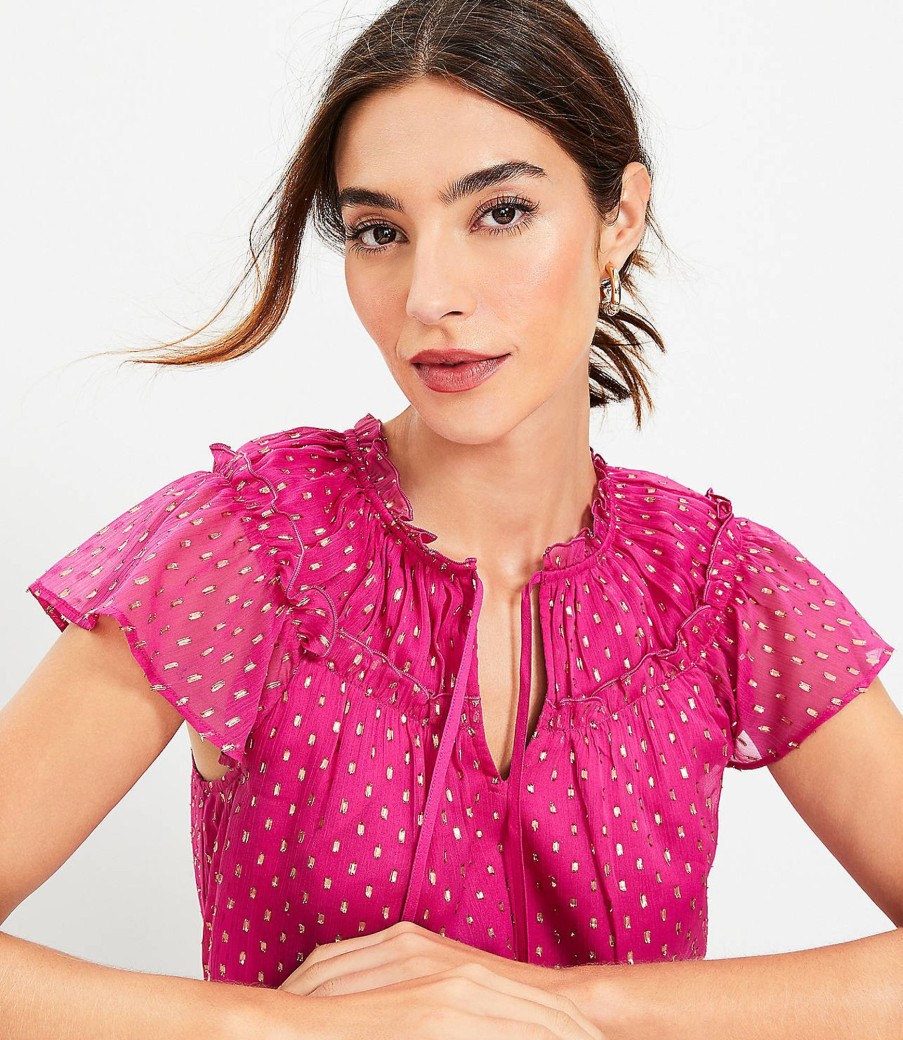 Clothing Loft | Metallic Clip Ruffle Tie Neck Blouse Fuchsia Primrose