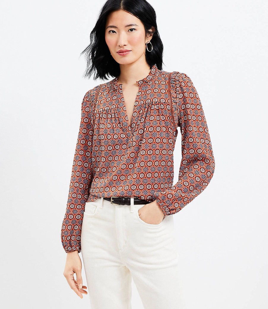 Clothing Loft | Medallion Cutout Ruffle Neck Blouse Burnt Copper