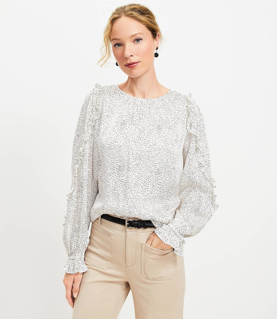 Clothing Loft | Dotted Mixed Media Ruffle Sleeve Top Whisper White