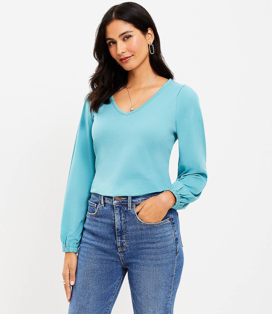 Clothing Loft | Pleated V-Neck Long Sleeve Tee Basking Blue