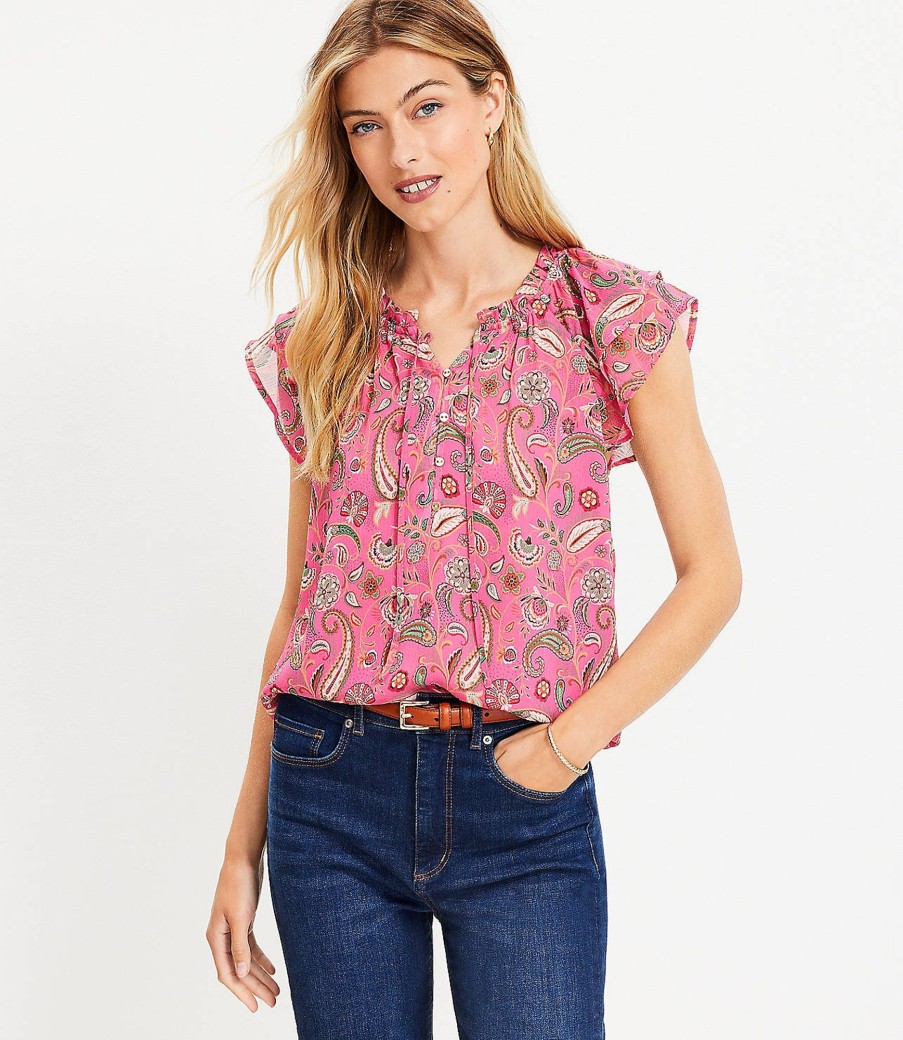 Clothing Loft | Paisley Flutter Button Tie Neck Top Rose Flash