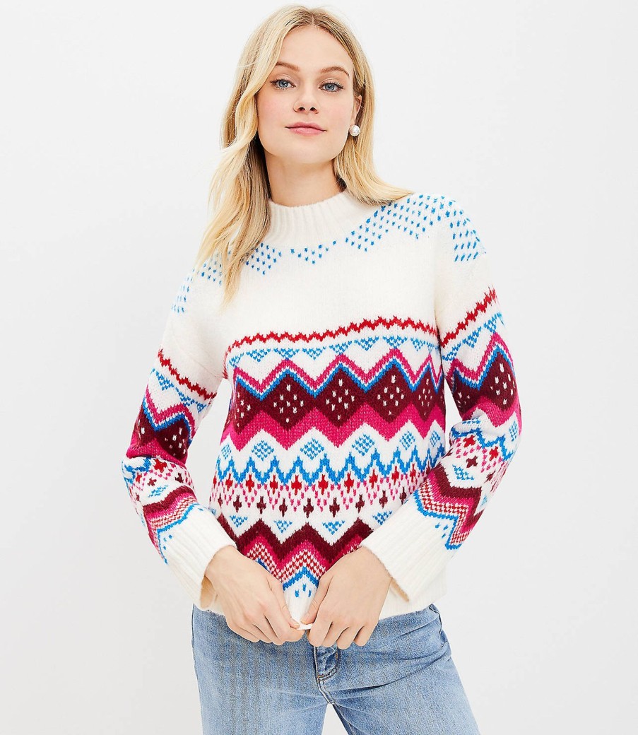 Clothing Loft | Fair Isle Wide Sleeve Mock Neck Sweater Whisper White