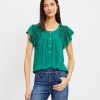 Clothing Loft | Flutter Sleeve Henley Mixed Media Shell Forest Emerald