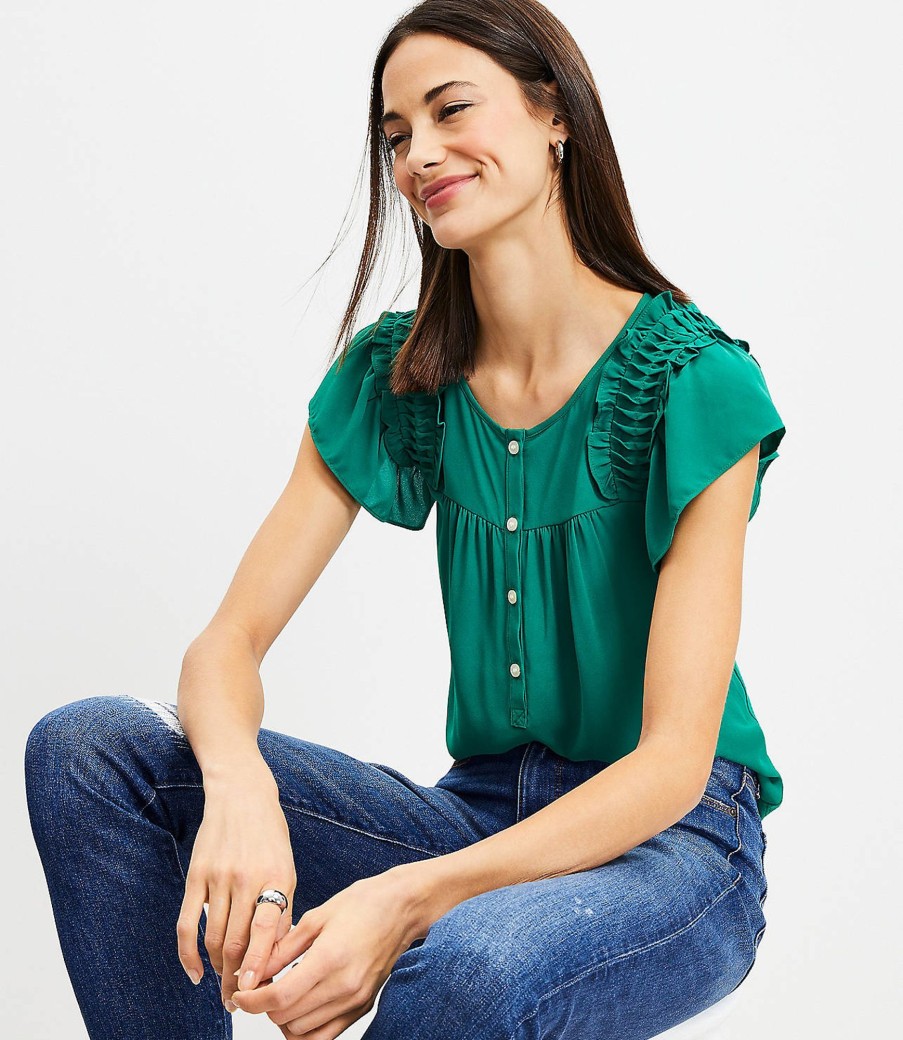 Clothing Loft | Flutter Sleeve Henley Mixed Media Shell Forest Emerald