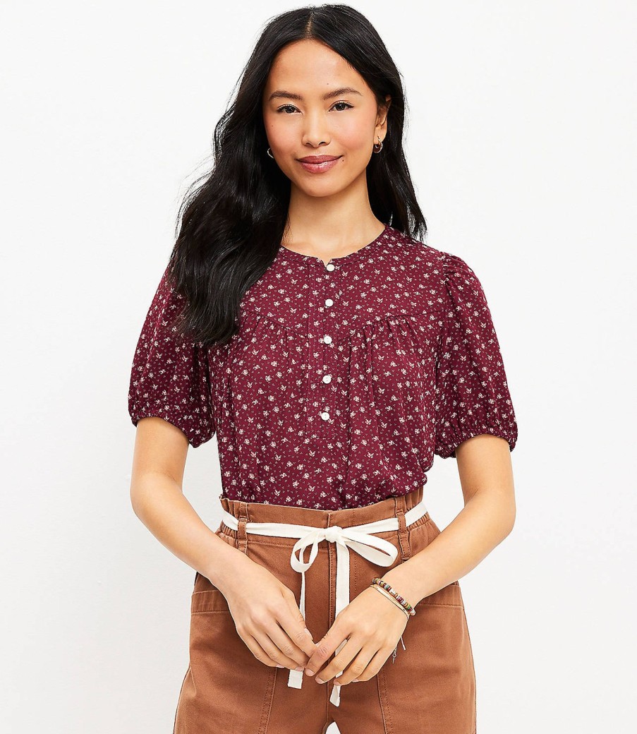 Clothing Loft | Monarch Angled Yoke Button Mixed Media Top Fresh Syrah