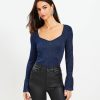 Clothing Loft | Shimmer Ribbed Sweetheart Neck Flare Cuff Sweater Deep Space Blue