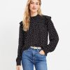 Clothing Loft | Dotted Smocked Ruffle Mock Neck Blouse Black