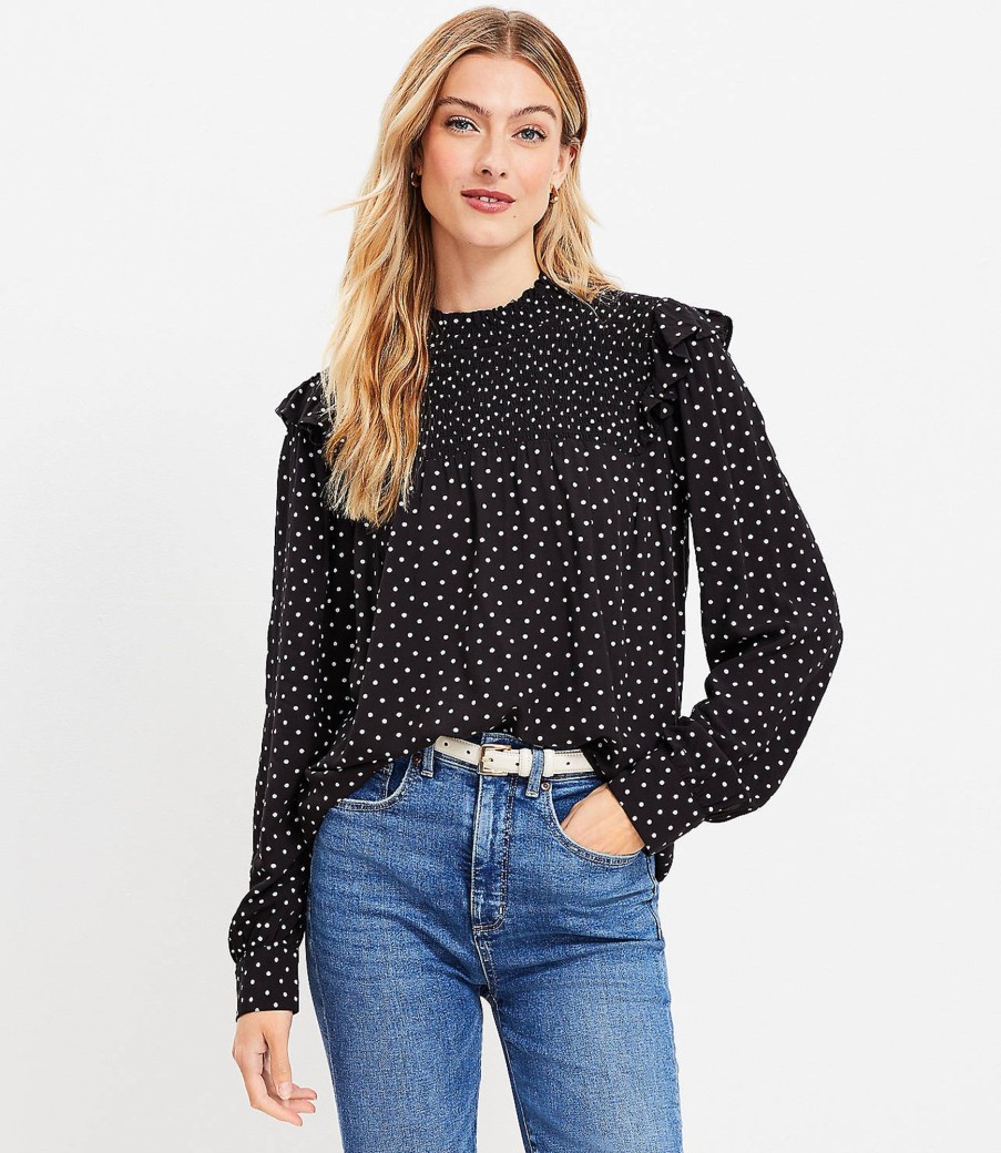 Clothing Loft | Dotted Smocked Ruffle Mock Neck Blouse Black