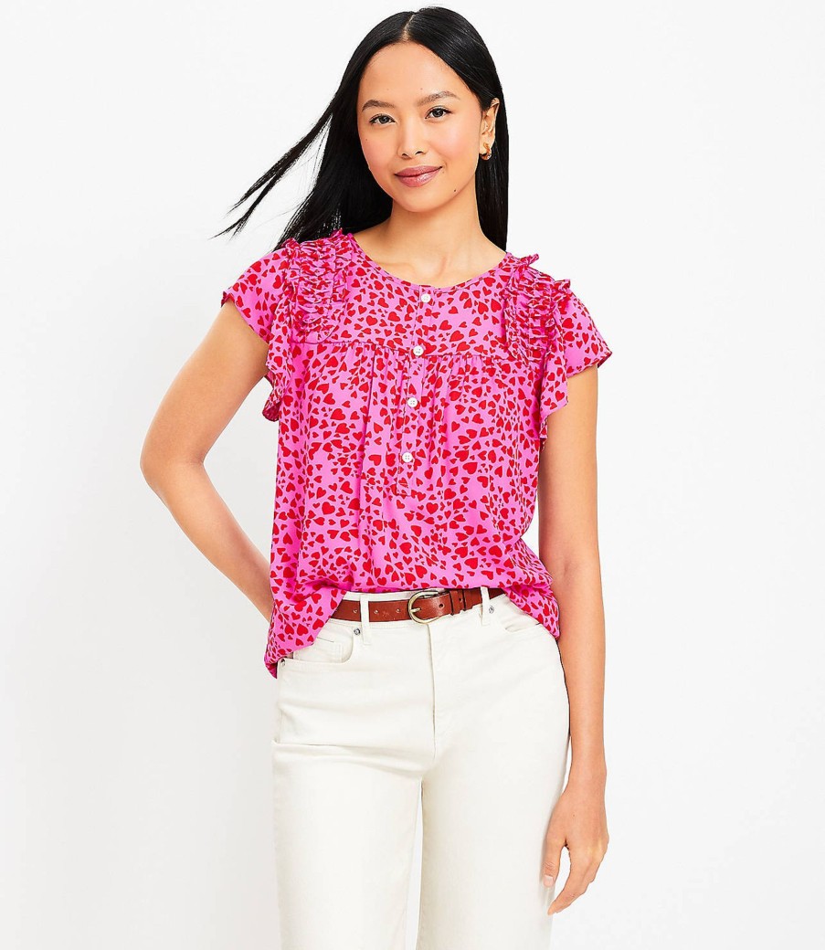 Clothing Loft | Heart Flutter Sleeve Henley Mixed Media Shell Rose Magenta