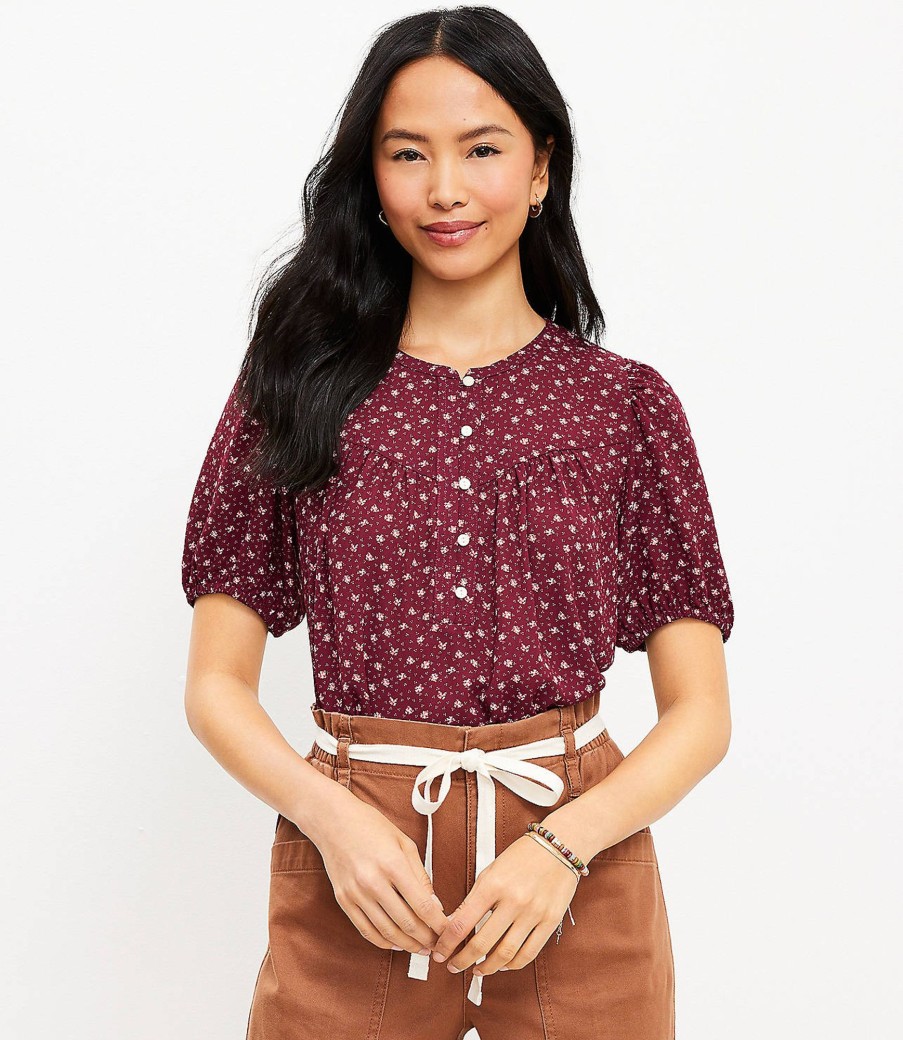 Clothing Loft | Monarch Angled Yoke Button Mixed Media Top Fresh Syrah