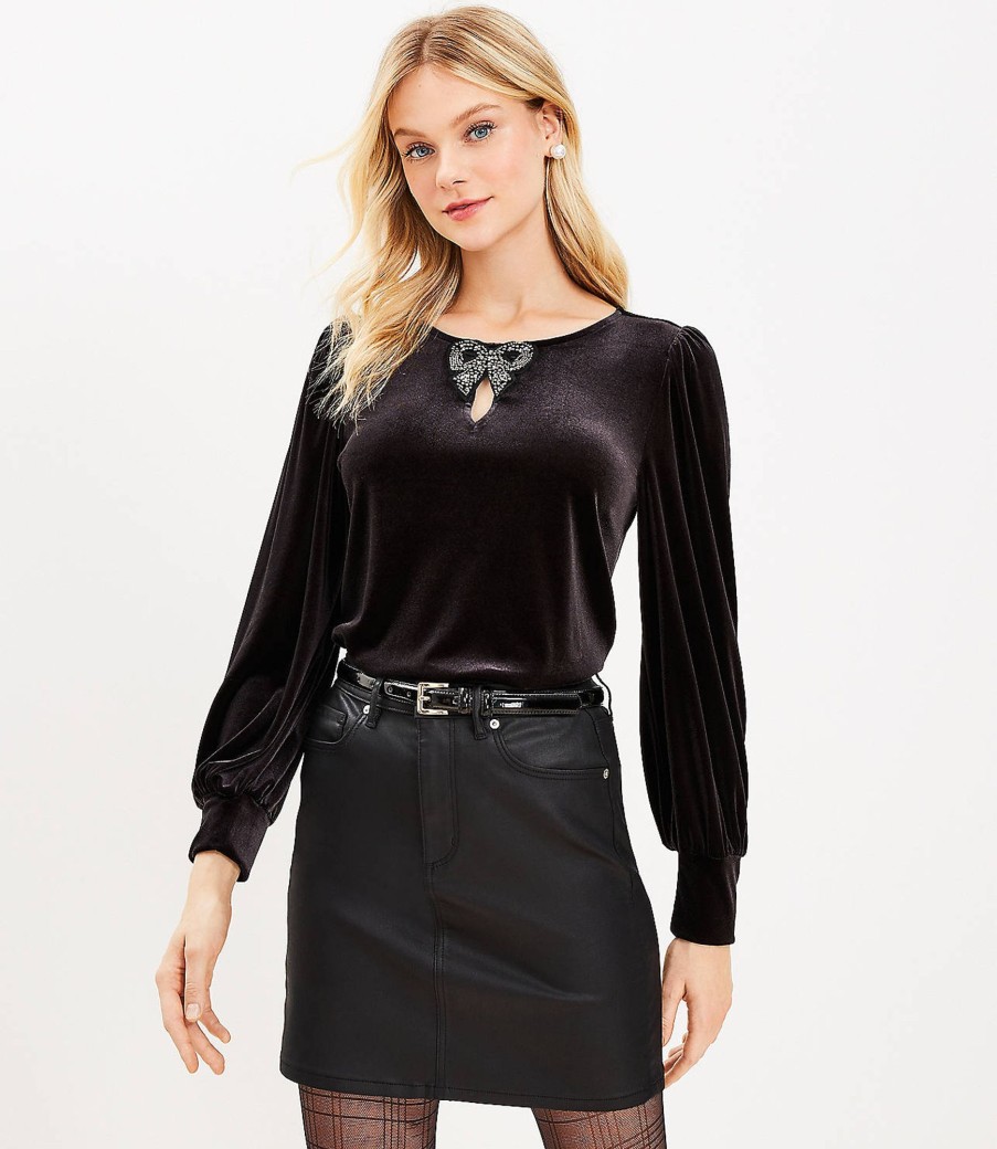 Clothing Loft | Embellished Bow Cozy Velour Top Black