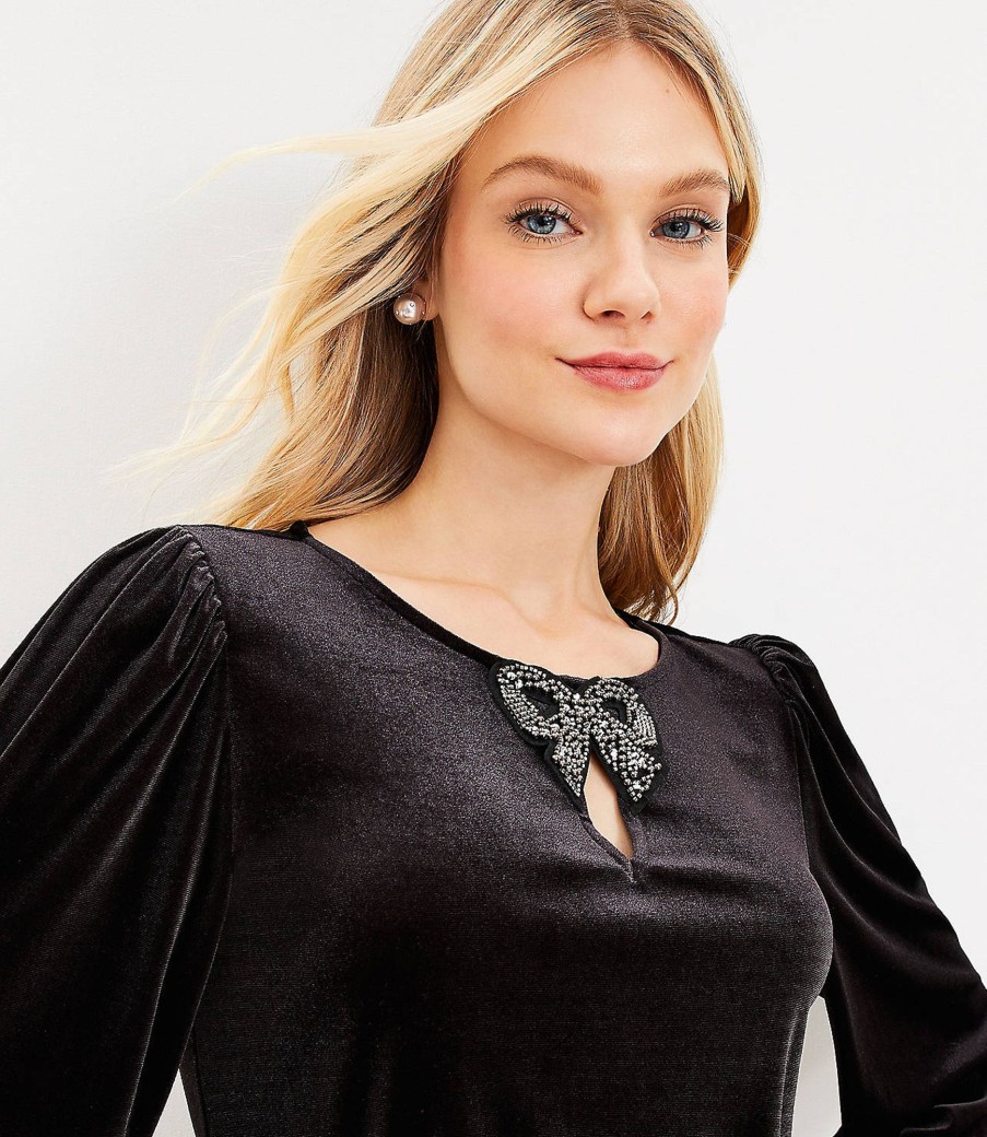 Clothing Loft | Embellished Bow Cozy Velour Top Black