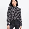 Clothing Loft | Paisley Smocked Ruffle Mock Neck Blouse Black