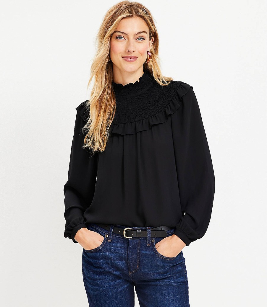 Clothing Loft | Ruffle Smocked Yoke Blouse Black