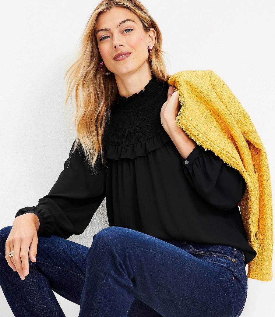 Clothing Loft | Ruffle Smocked Yoke Blouse Black