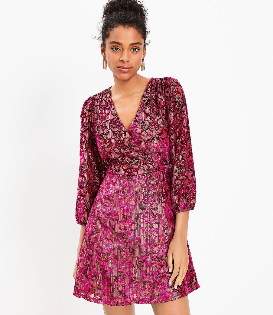 Clothing Loft | Shimmer Floral Velvet Wrap Dress Fuschia Primrose