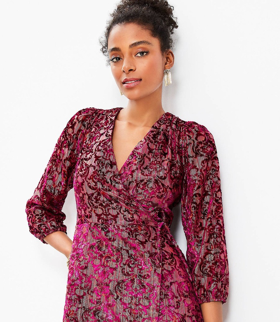 Clothing Loft | Shimmer Floral Velvet Wrap Dress Fuschia Primrose