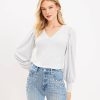 Clothing Loft | Heathered Cozy Textured Puff Sleeve V-Neck Top Silver Heather Grey