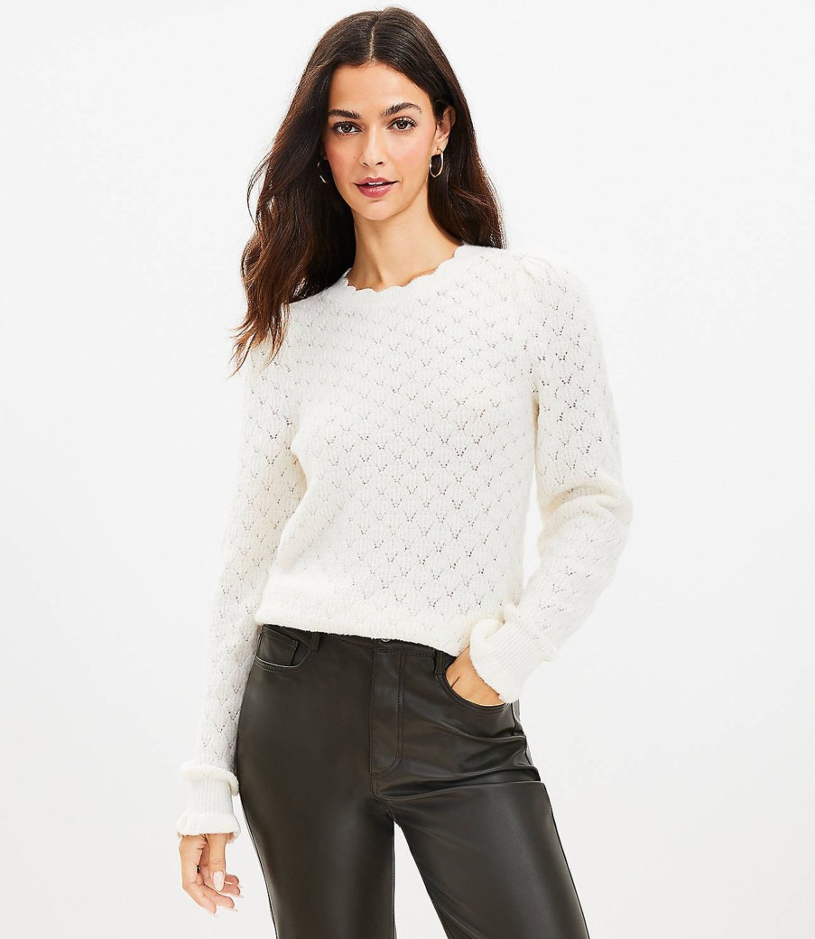 Clothing Loft | Scalloped Neck Pointelle Sweater Whisper White