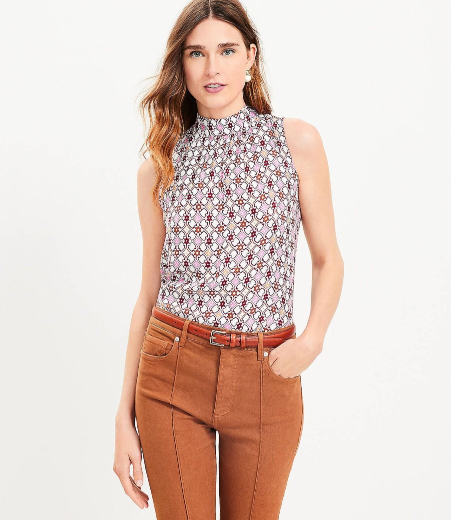 Clothing Loft | Floral Jacquard Mock Neck Shell Perfect Camel