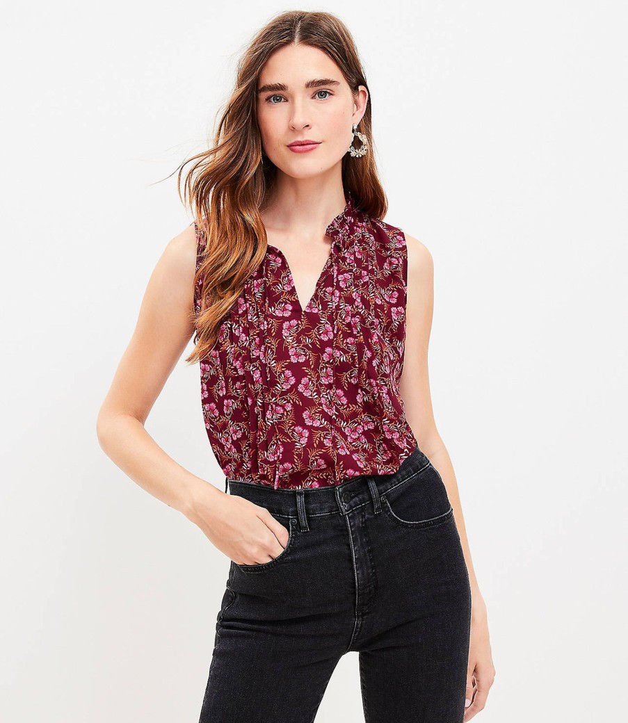 Clothing Loft | Vine Pintucked Ruffle Tie Neck Mixed Media Shell Rich Malbec