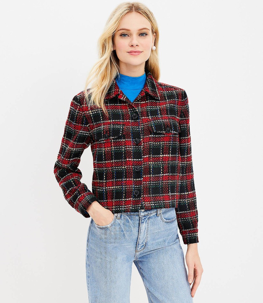 Clothing Loft | Plaid Textured Tweed Shirt Jacket Black Multi