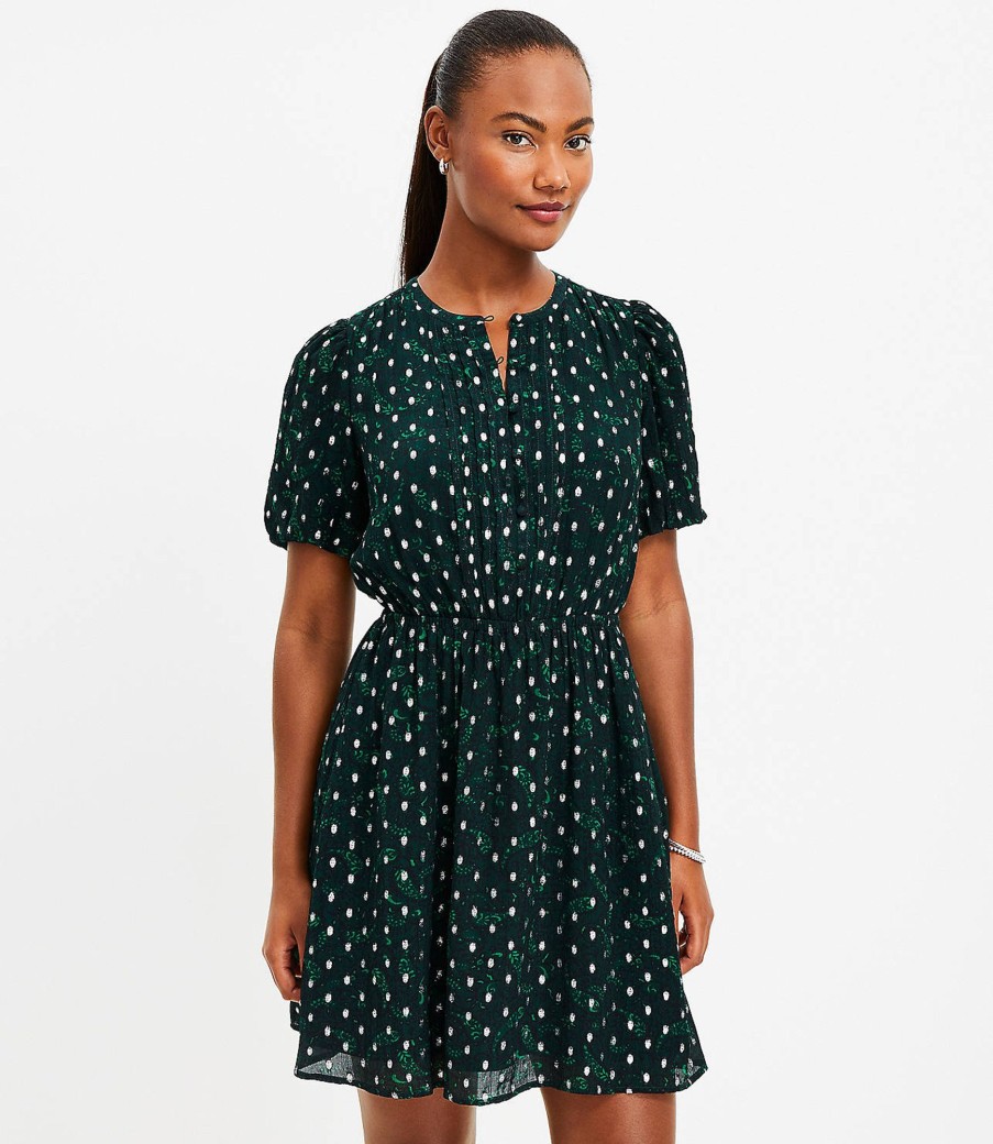 Clothing Loft | Metallic Clip Pintucked Flare Dress Green / Silver Multi