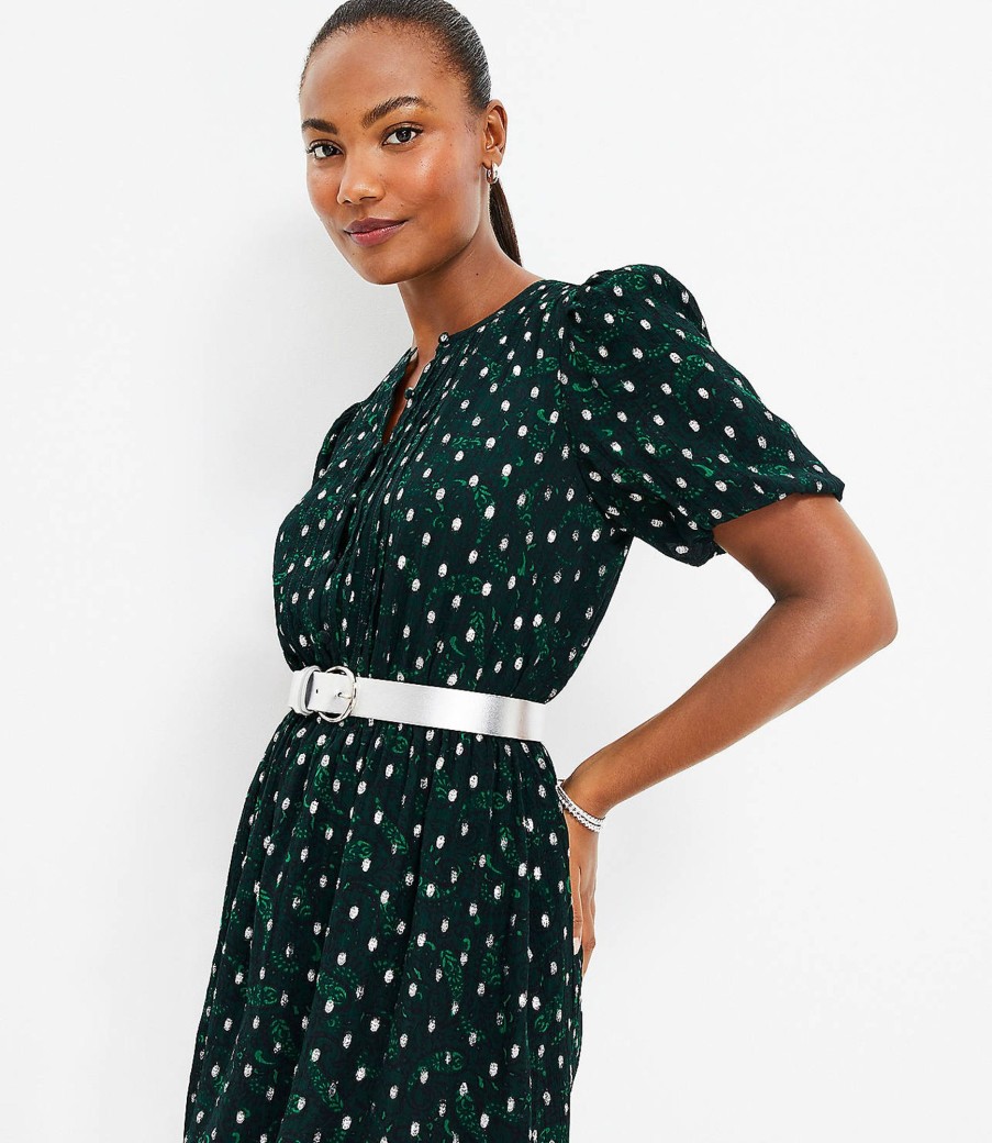 Clothing Loft | Metallic Clip Pintucked Flare Dress Green / Silver Multi