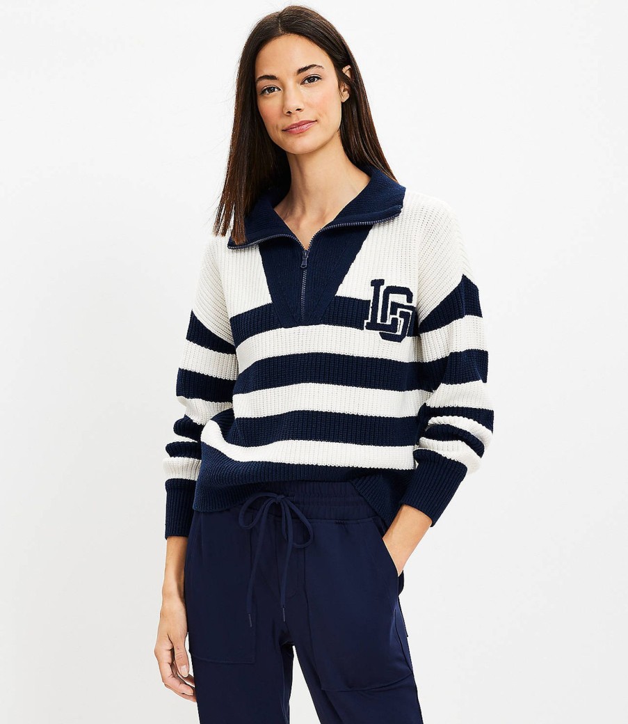 Clothing Loft | Lou & Grey Striped Varsity Letter Half Zip Sweater Deep Space Blue