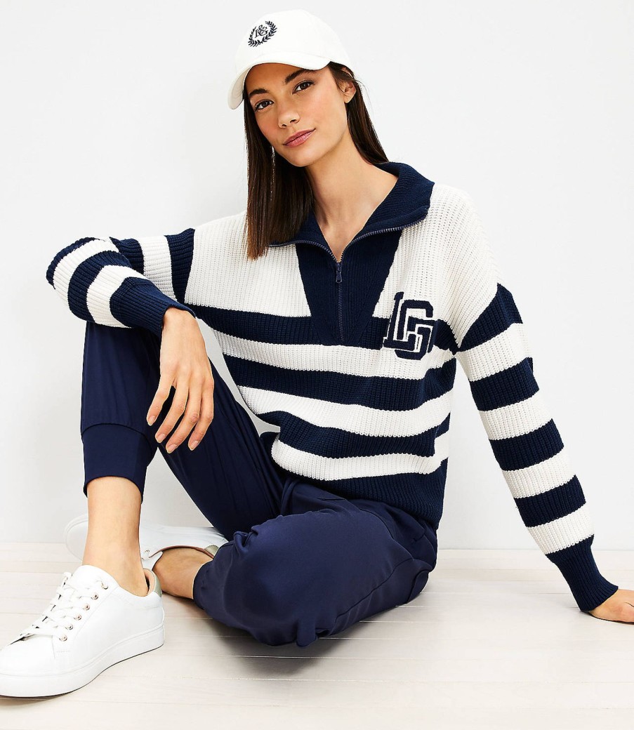 Clothing Loft | Lou & Grey Striped Varsity Letter Half Zip Sweater Deep Space Blue