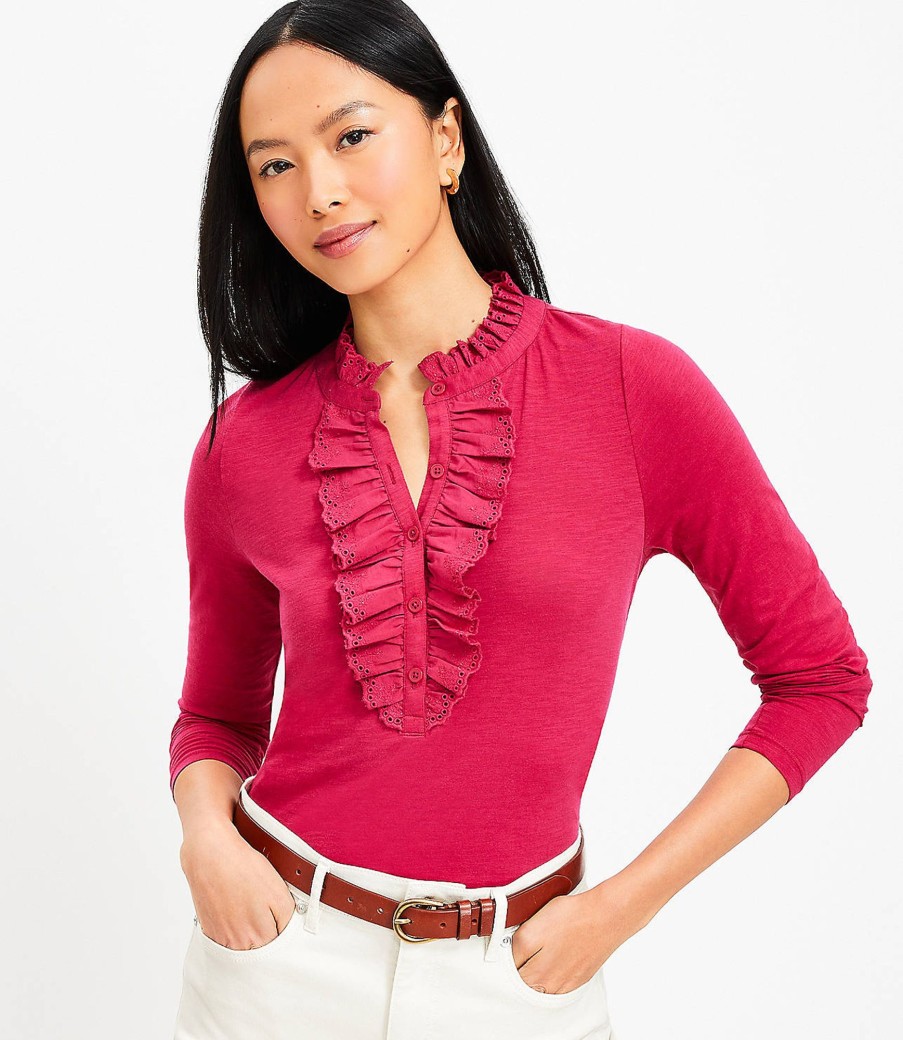 Clothing Loft | Eyelet Ruffle Henley Top Toasted Pink