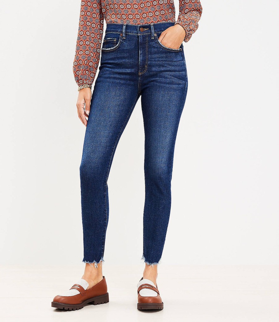 Clothing Loft | Chewed Hem High Rise Skinny Jeans In Dark Vintage Wash