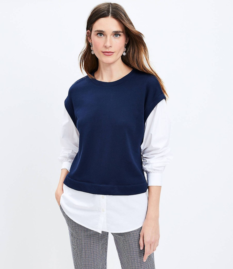 Clothing Loft | Mixed Media Sweatshirt Top Deep Space Blue