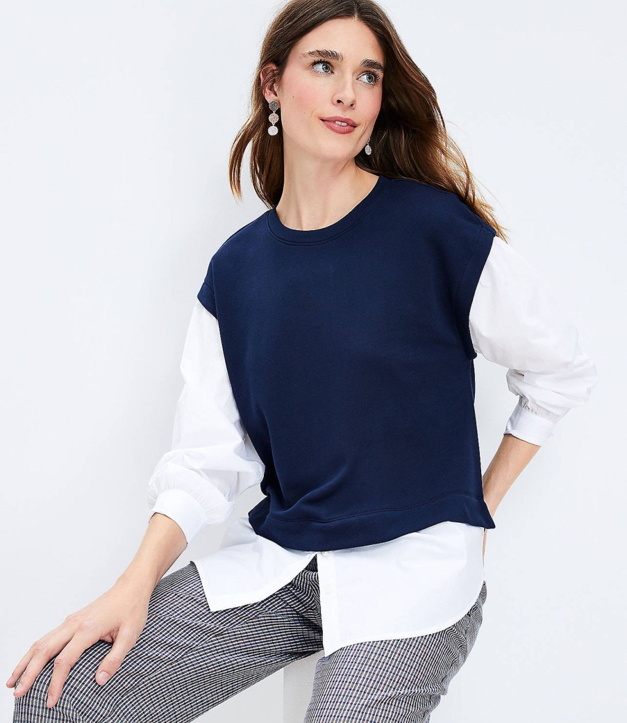 Clothing Loft | Mixed Media Sweatshirt Top Deep Space Blue