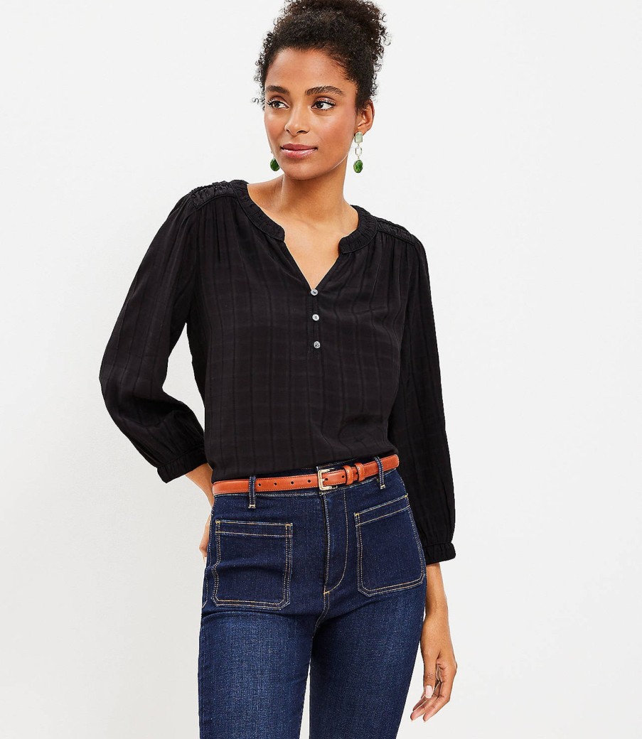 Clothing Loft | Dobby Stripe Ruched Shoulder Blouse Black