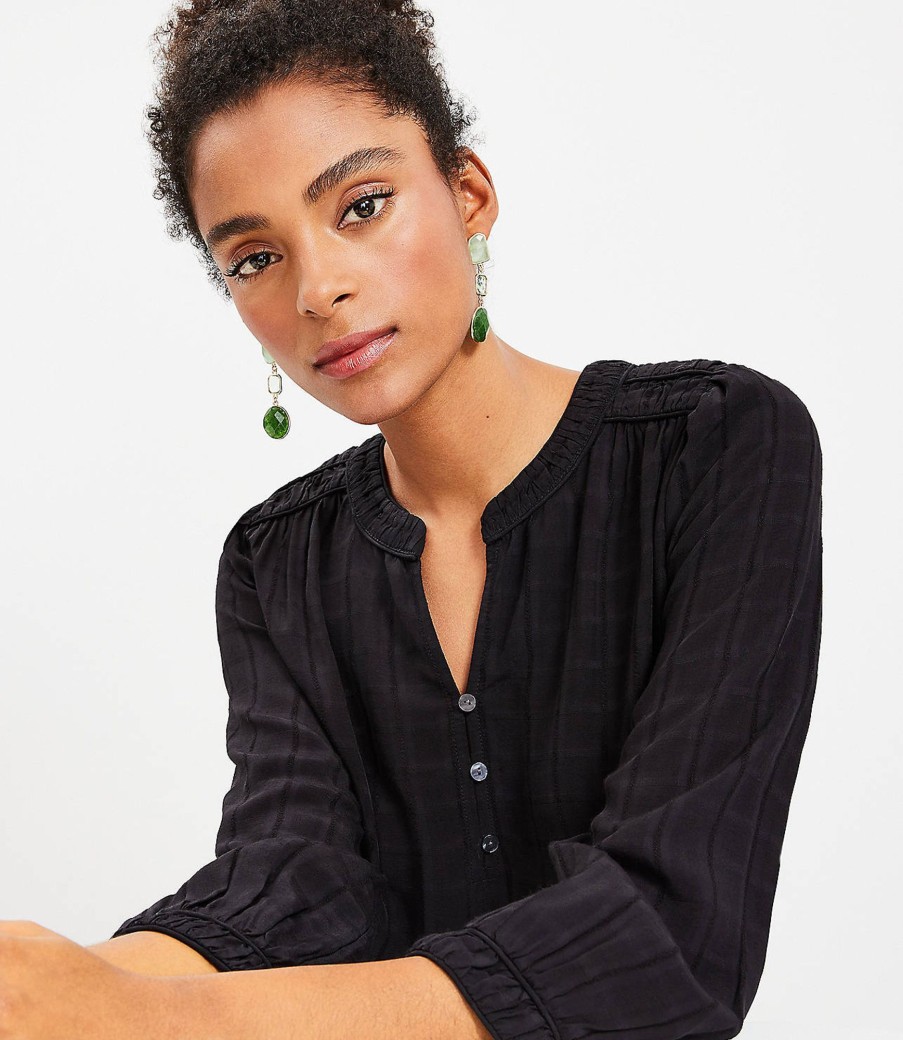 Clothing Loft | Dobby Stripe Ruched Shoulder Blouse Black