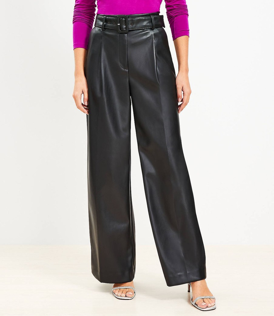 Clothing Loft | Belted Wide Leg Pants In Faux Leather Black