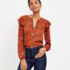 Clothing Loft | Floral Ruffle Split Neck Blouse Burnt Copper