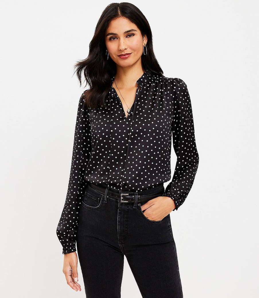 Clothing Loft | Dotted Ruffle Tie Neck Mixed Media Blouse Black