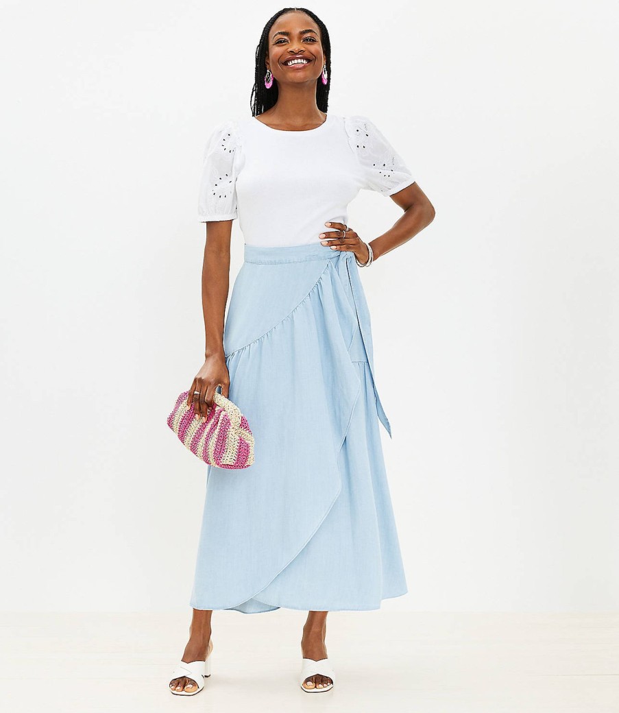 Clothing Loft | Chambray Ruffle Wrap Maxi Skirt Light Blue Chambray