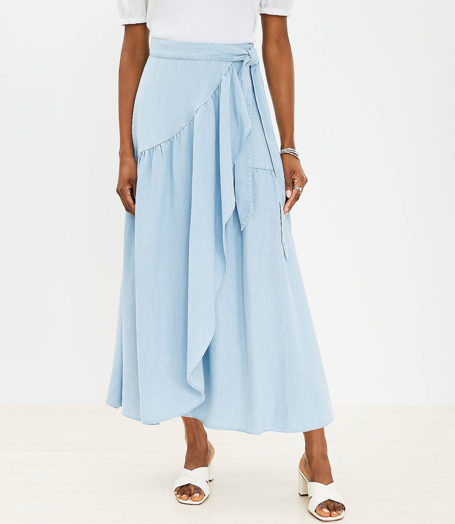 Clothing Loft | Chambray Ruffle Wrap Maxi Skirt Light Blue Chambray