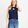 Clothing Loft | Striped Cutout Yoke Shell Deep Space Blue