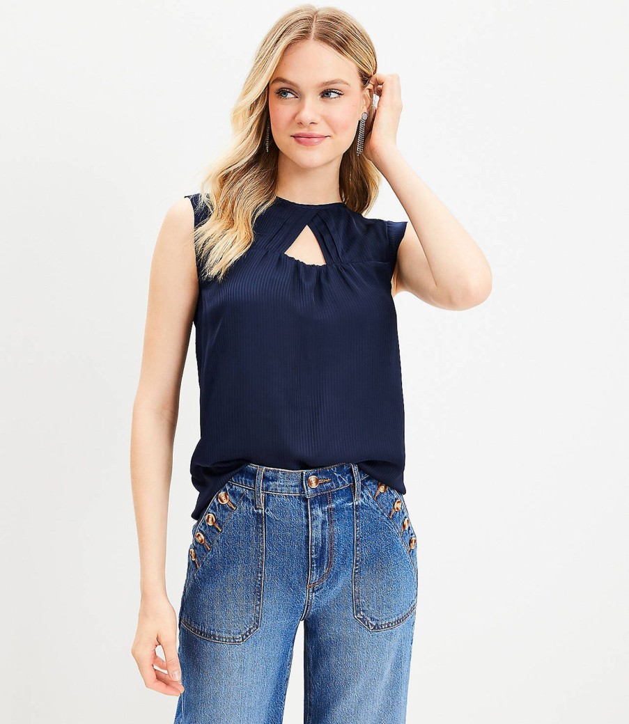 Clothing Loft | Striped Cutout Yoke Shell Deep Space Blue