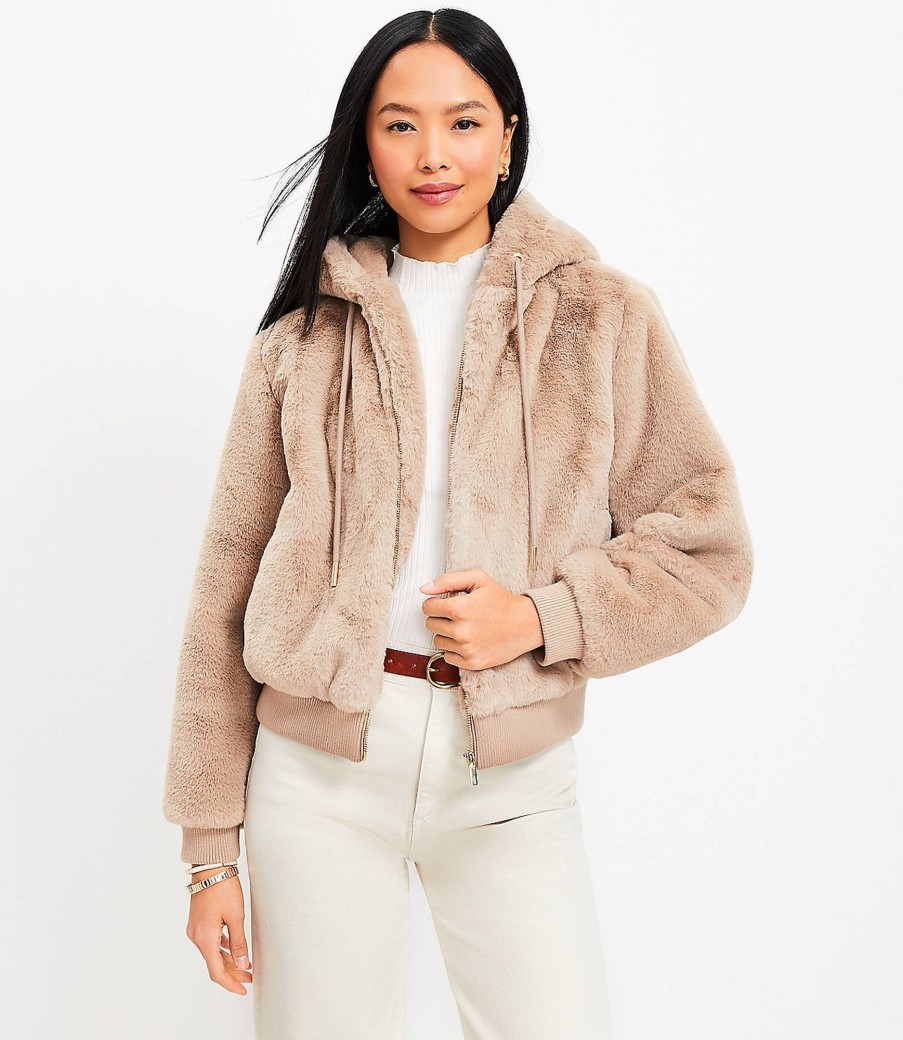 Clothing Loft | Faux Fur Bomber Jacket Neutral Taupe